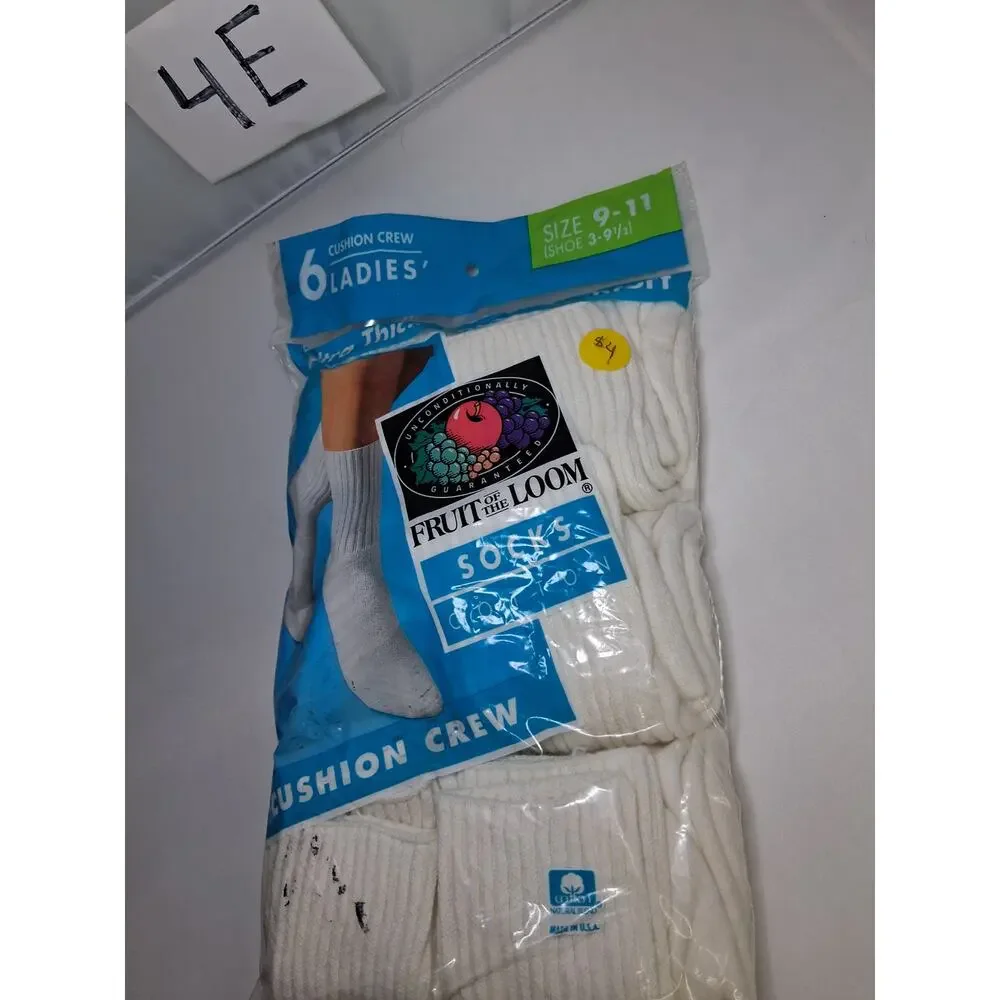 4E Vintage NOS Fruit of the Loom 100% Cotton Crew Sock 9-11 6pk